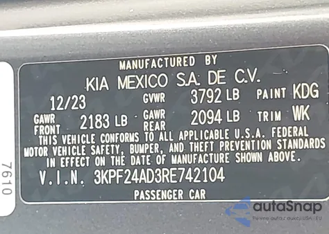 2024 Kia Forte Lxs z USA, uszkodzony, nr VIN 3KPF24AD3RE742104